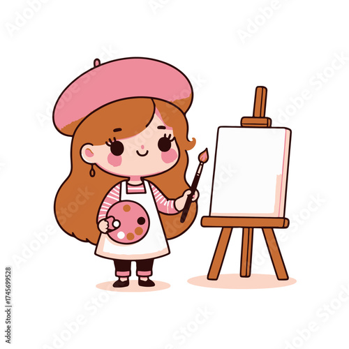 Cute young artist in a pink beret holding a paintbrush beside a blank canvas on an easel