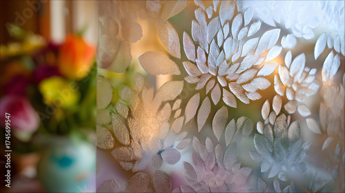 A serene view through frosted glass featuring delicate floral patterns, with a blurred bouquet of colorful flowers in the background.