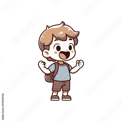 Happy child with backpack celebrating outdoors, vibrant background with playful elements