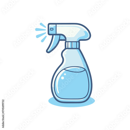 Illustration of a blue spray bottle used for cleaning, with a clear liquid inside, set against a simple background