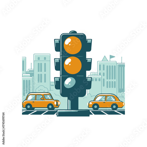 Illustration of a busy urban intersection with traffic lights and cars in motion amidst skyscrapers