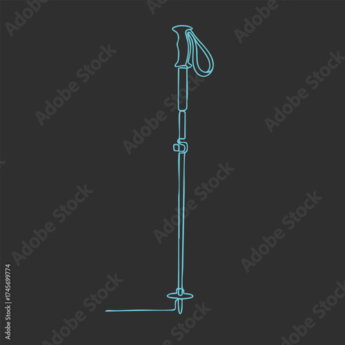 Single trekking pole with adjustable handle and wrist strap standing upright on a dark