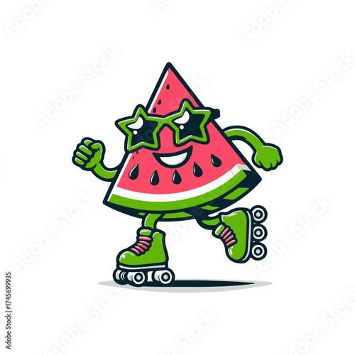 Playful watermelon character on roller skates, smiling while skating in a bright, cheerful setting