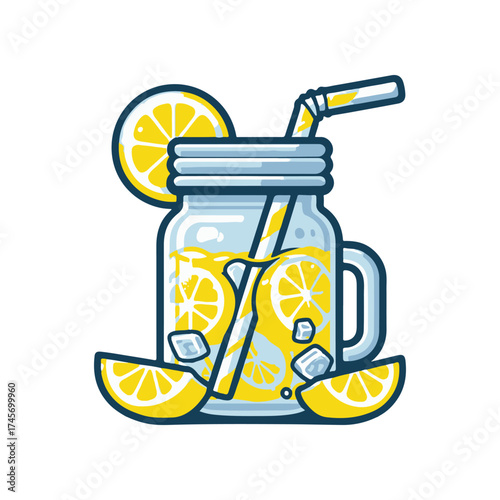 Refreshing lemonade in a glass jar with lemon slices and ice, ideal for summer drinks