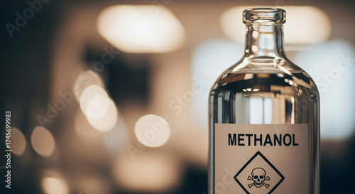 Clear glass bottle of Methanol with a skull and crossbones symbol, indicating its toxic nature. The bokeh effect from the lights adds a sense of depth, drawing attention to the methanol bottle.