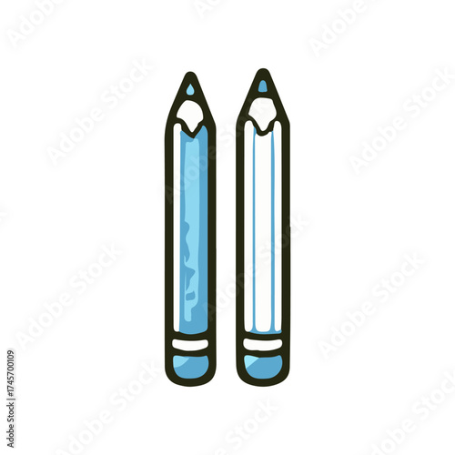 Two blue colored pencils positioned upright against a white background, showcasing their tips