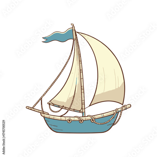 Vintage sailboat illustration with a blue hull and white sails, set against a plain background