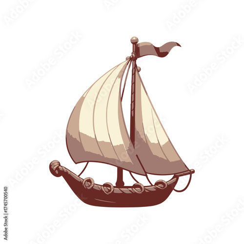 Vintage sailboat illustration with billowing sails, set against a blank background for design use