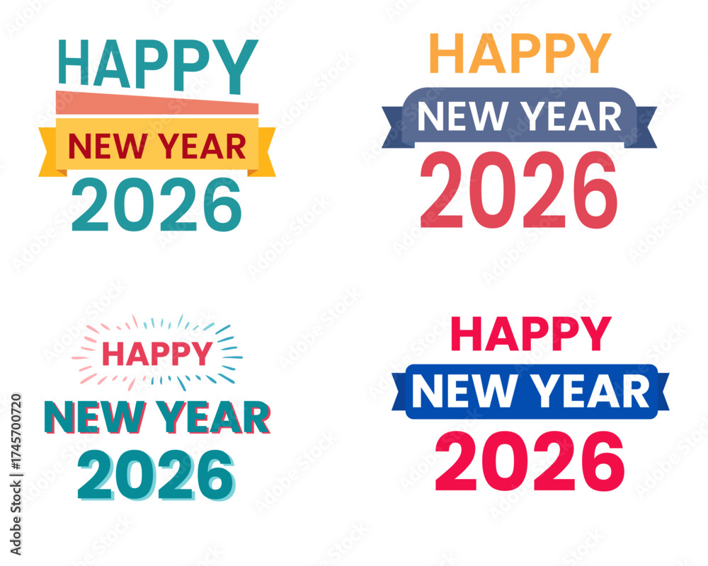 Fototapeta premium Four distinct festive graphic designs celebrating happy new year 2026 with colorful banners and typography