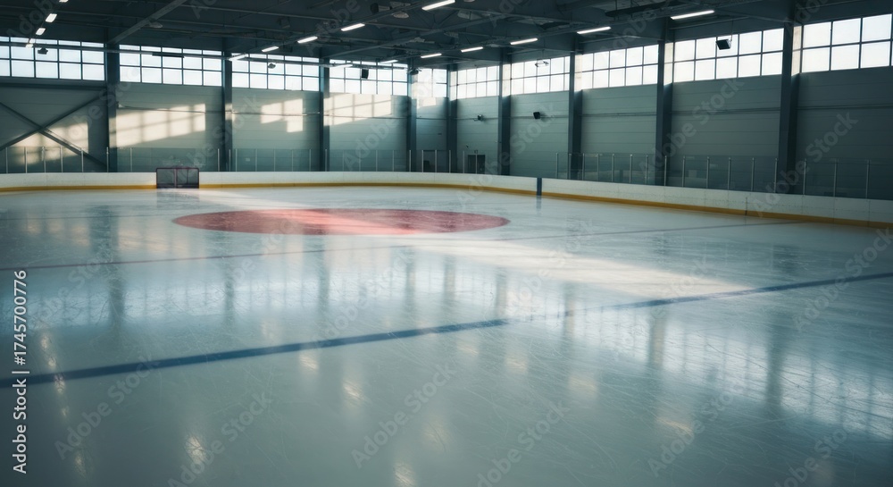 Fototapeta premium Empty ice rink, bright windows at the top, blue lines, a red circle, and hockey net