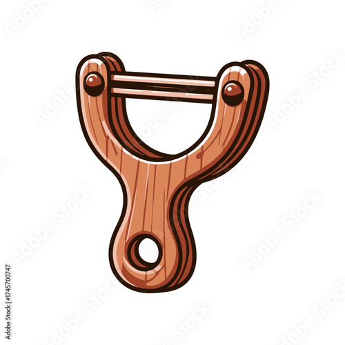 Wooden slingshot with a sleek design, displayed on a white background, ready for outdoor play