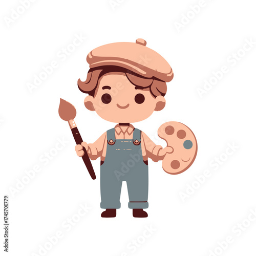 Young artist in overalls holding a paintbrush and palette, ready to create colorful art