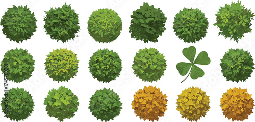 Stylized bush vector set, seasonal foliage icons, clover illustration, colorful plant graphics, landscape design assets, botanical reference elements