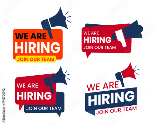 Set of four modern vibrant speech bubble banners announcing we are hiring and join our team
