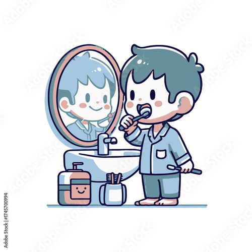 Young child brushing teeth in bathroom mirror, surrounded by toiletries and playful decor