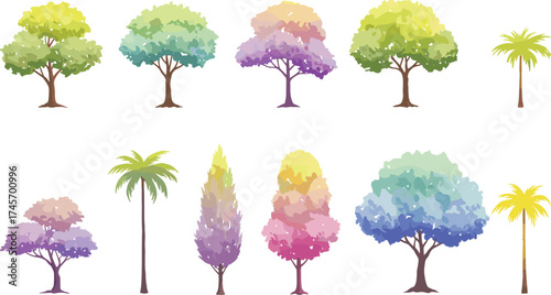 Stylized tree illustration set, colorful foliage trees, watercolor vector, nature clipart, botanical elements, landscape design, fantasy trees, tree pack
