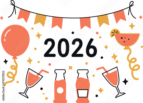 2026 celebration drinks festive banners balloon confetti party fun vector