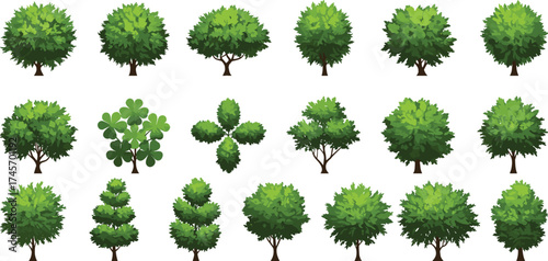 Stylized tree vector set, diverse foliage shapes, abstract clover trees, botanical icons, landscape design assets, nature illustration reference sheet