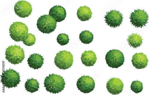 Top view tree set, vector foliage icons, diverse canopy textures, landscape design assets, green bush illustrations, urban planning vegetation pack
