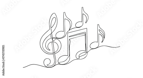 Music notes arranged in a continuous line drawing represent melodic rhythm and creative sound composition.