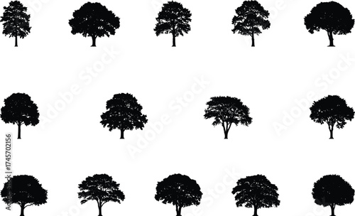 Tree silhouette illustration set, black foliage icons, varied canopy shapes, nature vector elements, landscape design graphics, botanical outlines