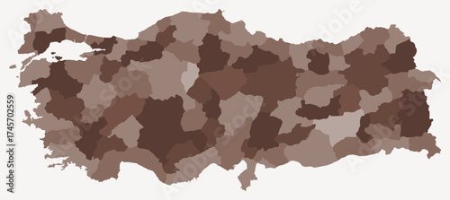 Map of Turkey with regions. Just a simple country border map with region division. Brown color palette. Plain Turkey shape with administrative division. Vector illustration.
