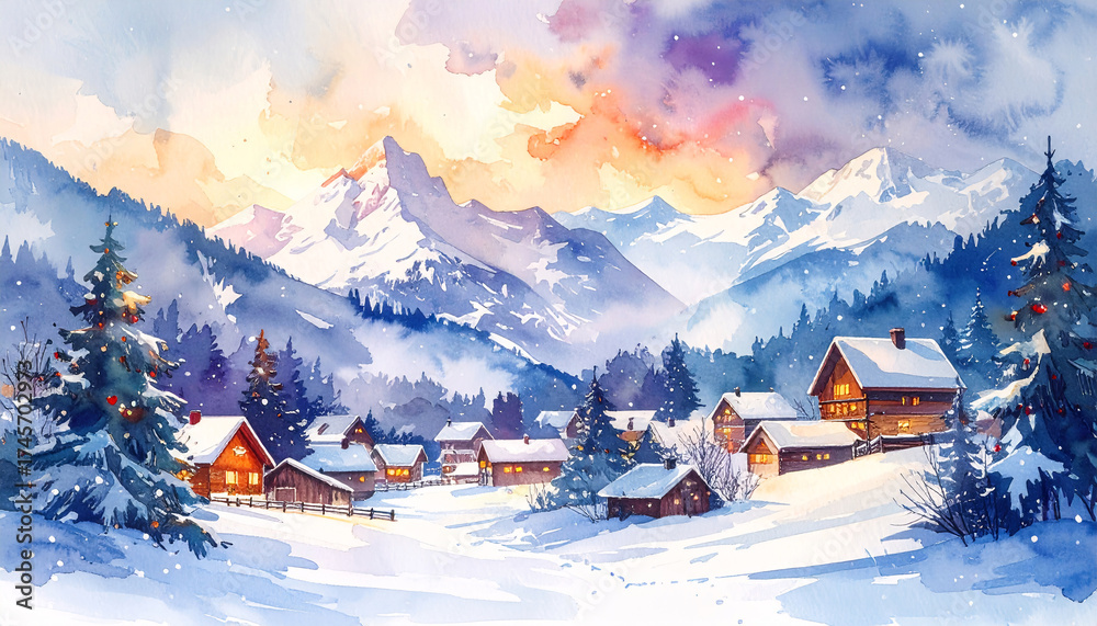 Fototapeta premium Watercolor Christmas village in snowy mountain landscape