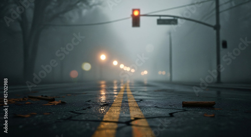 Foggy road featuring prominent yellow lines, wet, cracked asphalt, and scattered debris, with leaves and small branches. The background fades into a dense fog, adding an air of mystery to the scene.