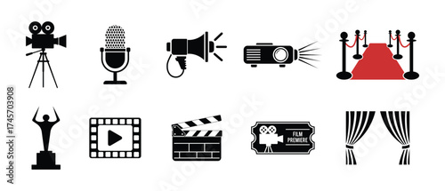 Cinema icon set. Movie production and film icon collection of film camera, microphone, clapperboard, award, red carpet, megaphone, theater curtain and more. Vector illustration.