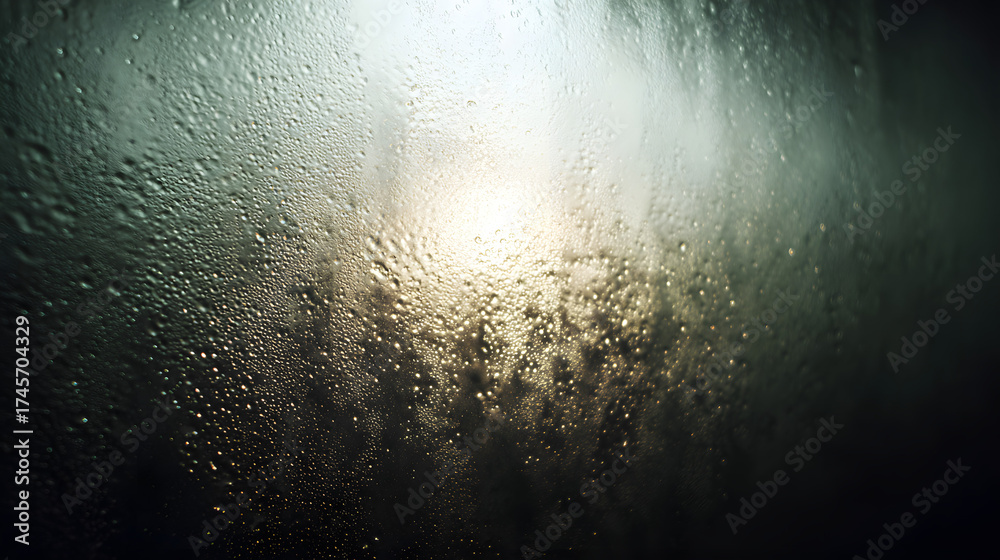 Obraz premium A misty window with droplets of water creating an abstract, soft-focus background effect.