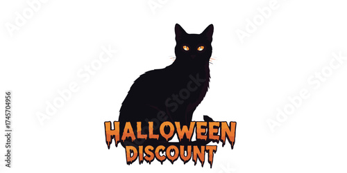 Spooky black cat with glowing eyes and halloween discount text