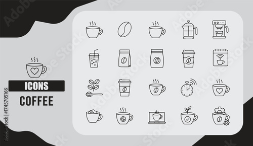  Coffee Icon Set with Cup, Bean, and Cafe Beverage Symbols