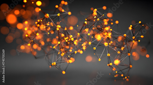 Abstract orange and black digital network structure showcasing interconnected nodes and glowing elements.
