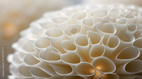 Close-up of a delicate white flower structure with intricate petal formations, creating a soft and ethereal feel.