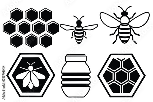 Bee and honey themed silhouettes for nature and apiary design .