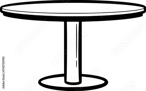 round table, simple design, single pedestal, black and white