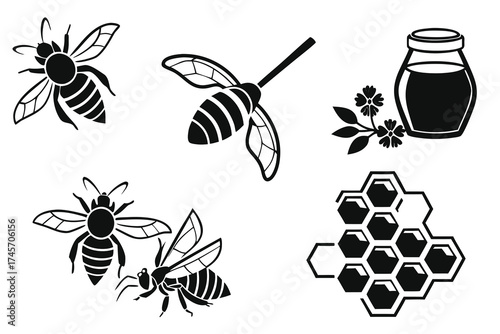 Bee and honey themed silhouettes for nature and apiary design .