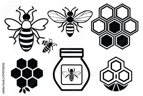 Bee and honey themed silhouettes for nature and apiary design .