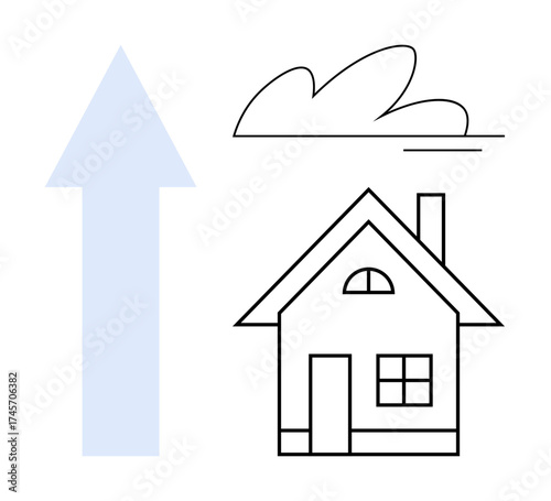 House with chimney, cloud, and upward arrow symbolizing progress, development, or real estate concepts. Ideal for growth, home improvement, success, climate real estate aspirations