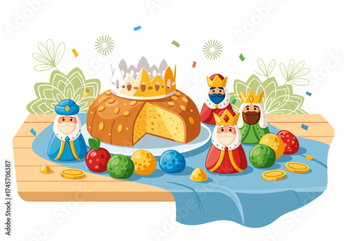 Epiphany holiday sweets with cake and figurines on festive table