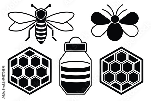 Bee and honey themed silhouettes for nature and apiary design .