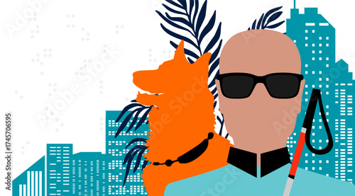 Blind people in urban space. Vector conceptual illustration. A blind man with a guide dog on the background of a city and Braille