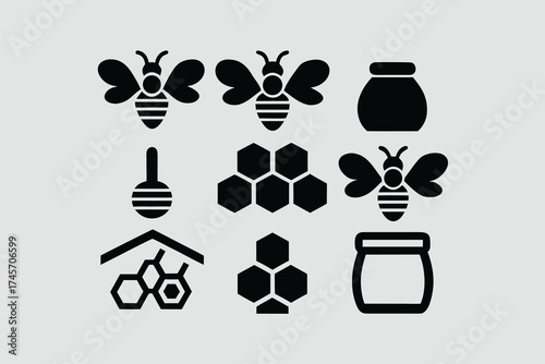 Bee and honey themed silhouettes for nature and apiary design .