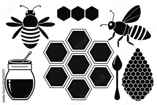 Bee and honey themed silhouettes for nature and apiary design .