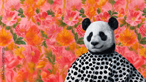 giant panda in a white coat with black polka dots on a bright floral background, a poster about animal care and advertising natural products