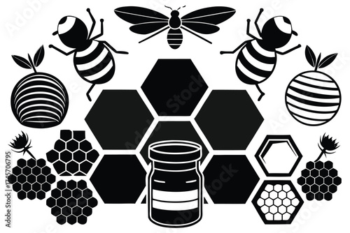 Bee and honey themed silhouettes for nature and apiary design .