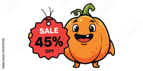 A cheerful cartoon pumpkin character with big eyes and a wide smile holds a bright red sale tag advertising 45 percent off.