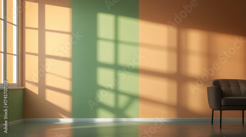 Empty room with sunlight streaming through window creating shadows on orange and green wall