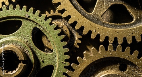 Close-up Macro View of Interlocking Metal Gears cogs