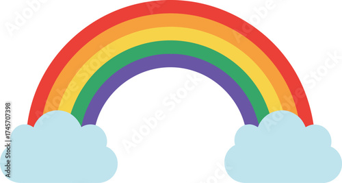 Vibrant rainbow arc over fluffy clouds simple cartoon illustration vector
